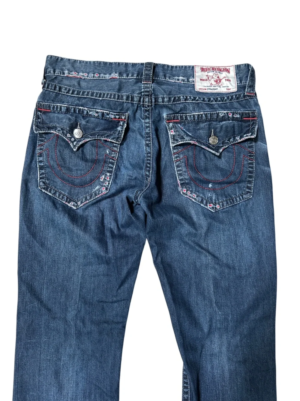 True Religion Men’s Straight Flap Jeans Red Stitch Dark Wash Size 34
